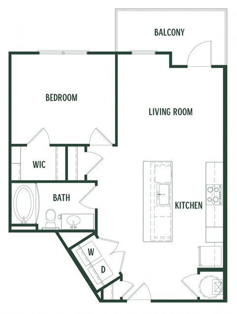Floor plan for 1 bed, 1 bath, 752 sqft